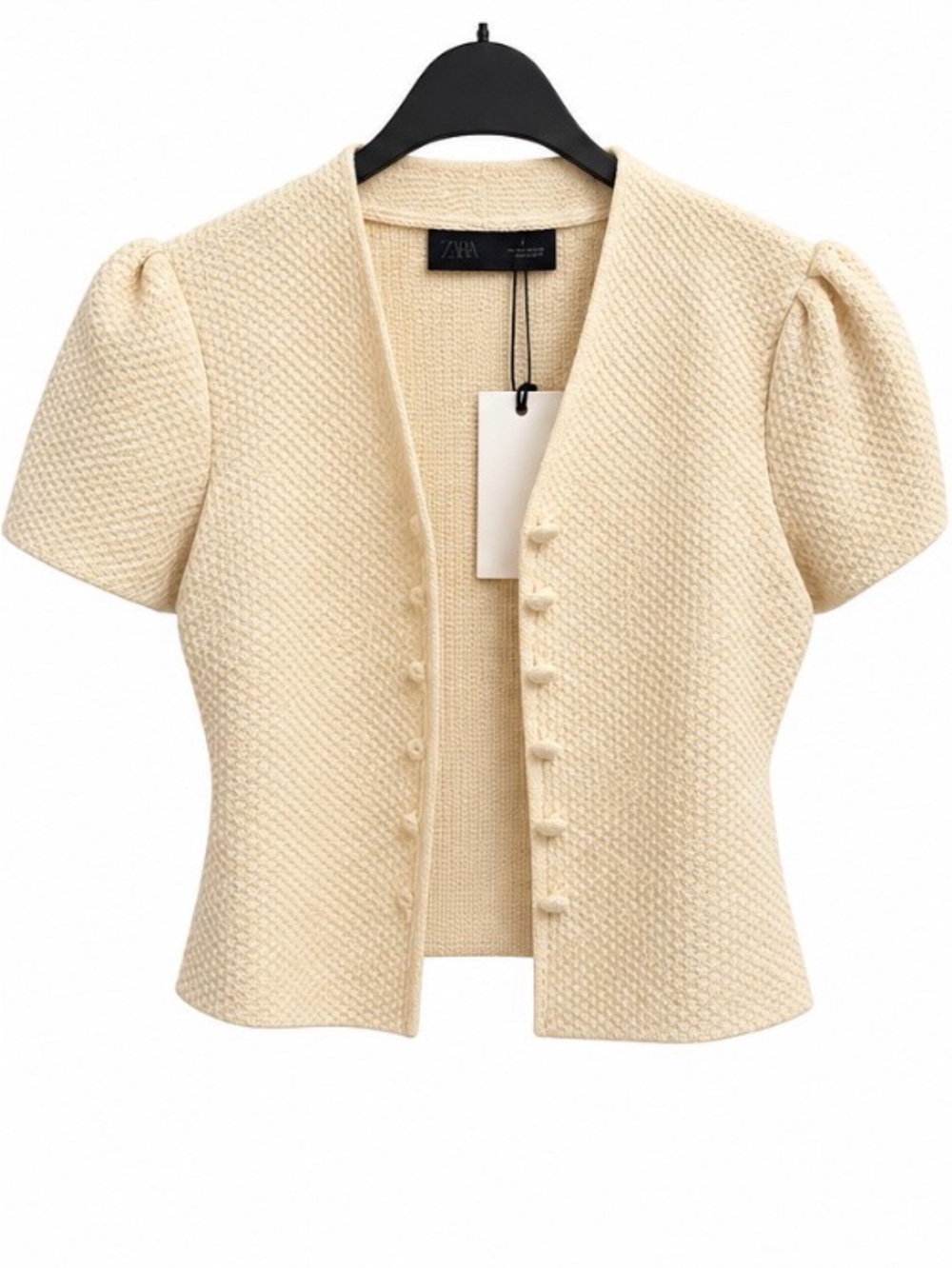 Zara Cream Textured Short-Sleeve Button Cardigan